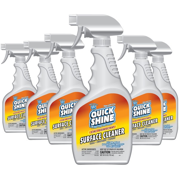 Quick Shine 3-IN-1 Disinfectant Surface Cleaner 24oz, 6PK | Hospital Level Disinfectant Kills 99.9% of Germs & Bacteria | Streak Free, Haze Free, Zero Residue | Clean, Deodorize Protect