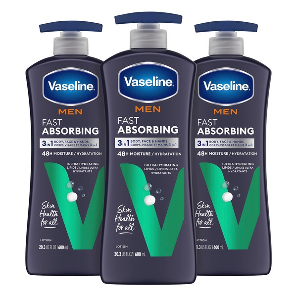 Vaseline Men's Healing Moisture Hand & Body Lotion For Dry or Cracked Skin Fast Absorbing Non-Greasy Lotion for Men 20.3 oz, Pack of 3