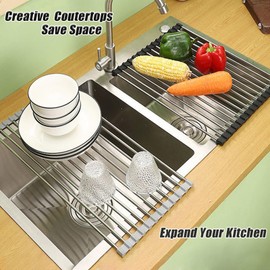YounBeauty Roll Up Dish Drying Rack Rollable Stainless Steel Kitchen Drainer Foldable Gray14.5''-9.5''