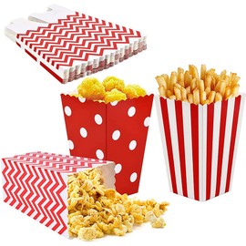 Pack of 35 Popcorn Boxes, Candy Containers, Popcorn Boxes, Treat Candy Boxes, 3 Patterns, Not Easily Deformable, for Party Bags, Family Party, Cinema, Birthday Party (Red)
