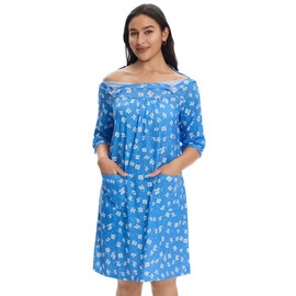 AprBark Women's Post Surgery Hospital Gown C Magnetic Shoulder Closures, Side Snaps, Pockets, Ruched Bust Adaptive Recovery Dress