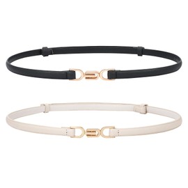WHIPPY Pack of 2 Slim Waist Belt for Women Adjustable Thin Belt Slim Leather Belt with Gold Metal Buckle for Dress, D-Black+Beige