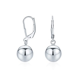 Simple Basic Dangling Lever back Round Bead Ball Drop Earrings For Women .925 Sterling Silver 10MM