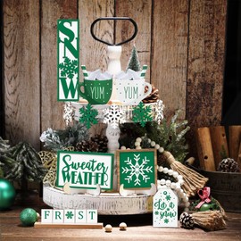 Jetec 12 Pieces Christmas Tiered Tray Decor Winter Snowflake Wooden Sign Table Decorations Farmhouse Coffee Bar Signs Snowflake Winter Tray Decor for Home Xmas Holiday Tabletop(Green)