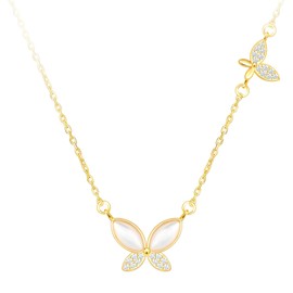 CPSLOVE Elegant Women's Butterfly with Cat's Eye Stone Necklace 925 Sterling Silver Chains with Butterfly Zirconia Pendant Creative Girls Short Chain, Cubic Zirconia Cats Eye