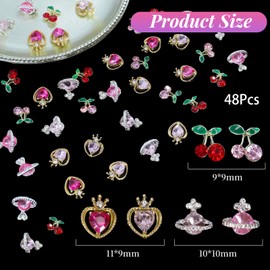 48 Pcs 3D Planet Heart Cherry Nail Gems Charms, Metal Pink Planet Heart Cherry Nail Art Rhinestones Shiny Gems Diamond Crystal Luxury for Nail Jewelry Making Crafts DIY Manicure Accessories