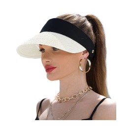 Womens Sun Hat Straw Visor UV Protection Wide Brim Packable Travel Summer Cap for Beach UPF 50+(White)