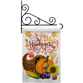 Thanksgiving Cornucopia Garden Flag - Set Wall Holder Fall Turkey Give Thanks Gobble Pumpkin Season Autumntime - House Decoration Banner Small Yard Gift Double-Sided Made In USA 13 X 18.5