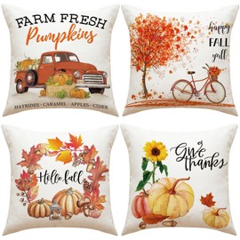 YUNNKEEY 4Pack Fall Pillow Covers 18x18 Fall Decor Pillow Covers Throw Pillow Case Autumn Pillow Cushion Covers Throw Pillow Cushion for Thanksgiving Home Couch Sofa Decorative (Style7, 18in)