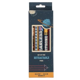 Christian Art Gifts 5 Piece Kids Ballpoint Pen Set for Boys & Girls, Strong & Courageous Inspirational Scripture Multicolor Space Theme Writing Pens, Retractable, Blue Ink, Medium Ballpoint