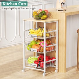 CHLORYARD Fruit Vegetable Basket for Kitchen Pantry Storage Organizer, 4-Tier Metal Utility Kitchen Rolling Cart on Wheels with Drawer Rack and Wood Top for Potatoes Onions