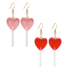 Dreuyet 2 Pairs Heart Lollipop Earrings for Women Cute Glitter Candy Dangle Earrings Resin Heart Lollipop Earrings Sweet Transparent Heart Candy Lollipop Earrings (Pink and Red)