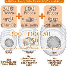 Multi-Use Plastic Covers 450 Pack - Disposable Shower Caps & Bowls Covers | Food-Grade, Odor-Free, Reusable & Washable, 3 Sizes (Small/Medium/Large) for Hair Care, Bowls, Plates, Trays & Travel (450)