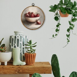 Hiuwevt Vintage Moody Strawberry Round Wall Art Decor, Dark Academia Strawberry Framed Canvas Prints, Farmhouse Rustic Fruit Round Wall Hanging Decor for Kitchen Home Bedroom Decorations, 10x10 Inches