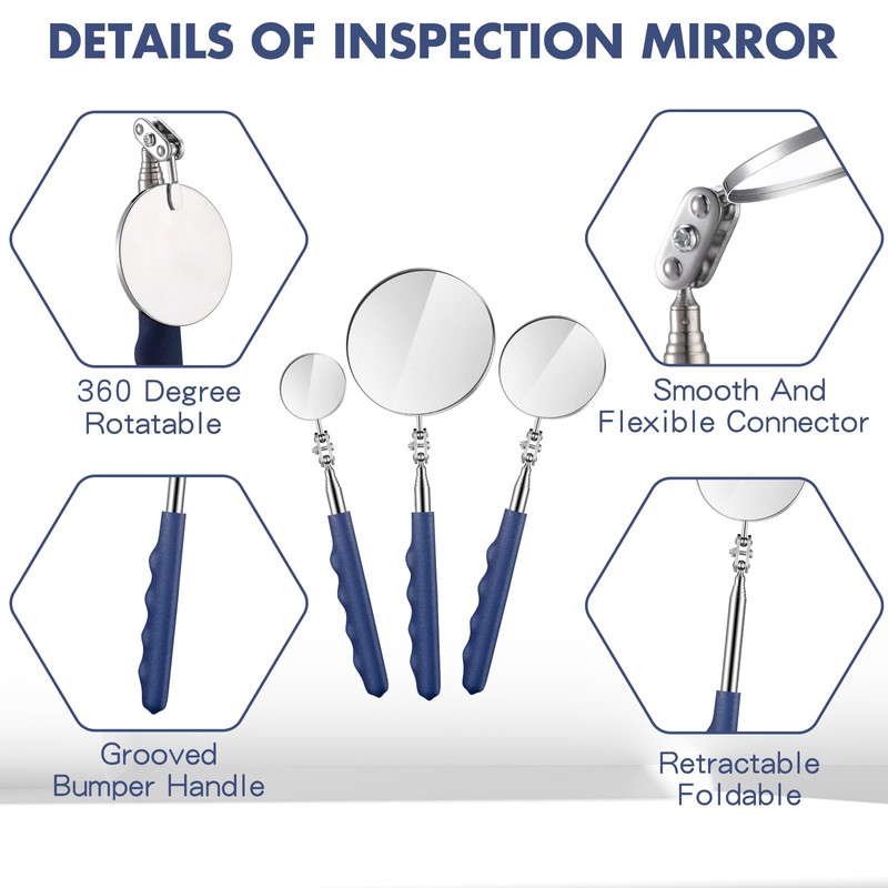 Copkim 3 Pieces Telescoping Inspection Mirror Stainless Steel Extendable Mechanic
