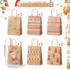 Christmas Gift Bags, Pack of 12 Christmas Kraft Gift Bags, Gift Bag with Carry Handle, Bag with Christmas Print, for Christmas Party, Birthday Party
