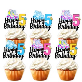 18pcs Colorful Glitter Roller Skates Happy Birthday Dessert Cupcake Topper 80s 90s Retro Hip Hop Roller Skating Theme Decor Supplies Boys Girls 5th Happy Birthday Party Decorations