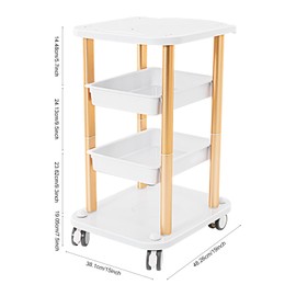 4-Tier Salon Rolling Cart, 4 Large Capacity Facial Tray, Rolling Beauty Trolley for Storing Equipment and Tools, Movable Storage Trolley for Beauty Salon, Spa, Office, footprint:19*15 in (white,Gold)
