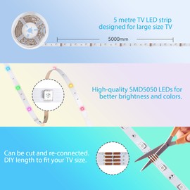 Sunity 5m TV LED Backlight, USB Led Strip Light for TV of 55 60 65 72 75 82 inch, APP Control and No Interference with Your TV's Remote.