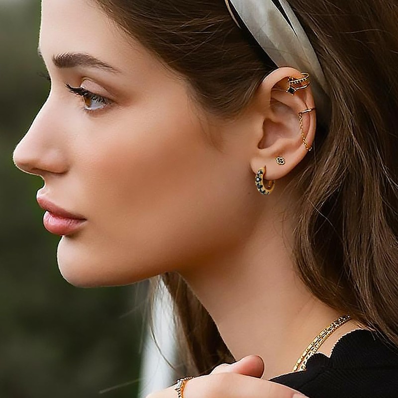 GLoquat 14k Gold Plated Black Cubic Zirconia Hoop Earrings for