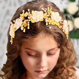 Formery Flower Girl Headpiece Yellow Wedding Pearl Floral Headband Birthday Photography Handmade Pearls Flowers Hair Accessory for Girls