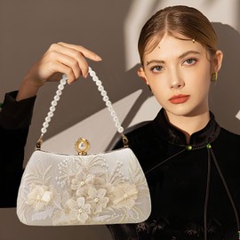Women's Pearl Floral Lace Satin Evening Handbag Ladies Elegant Top Handle Clutch Bag with Detachable Chain Wedding Bridal Parties Prom(White)