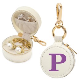 Mini Initial Travel Jewelry Case Ring Holder, Beige Faux Leather Small Jewelry Organizer Box Gifts for Women Girls Nurse Teacher, Gym Travel Accessories Keychain Pouch for Earrings Rings Necklace P