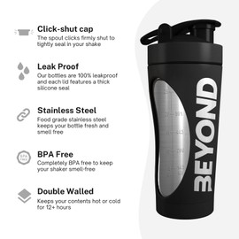 Beyond Shakers Insulated Metal Protein Shaker, Stainless Steel Supplement Bottle - BPA Free for Gym 735ml in Black & White
