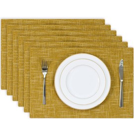 Kevin Textile Burlap Linen Placemats Set of 6 Heat Resistant Dining Table Place Mats Washable Kitchen Table Mats for Dinning Party Holiday Indoor Outdoor, 13 x19 inches, Honey Yellow