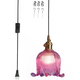 Qufute Hanging Swag Plug in Pendant Light Flower Shaped Purple Glass Plug Pendant Lamp with 15 ft Switch Cord Plug in Vintage Industrial Pendant Light for Kitchen Bedroom Background