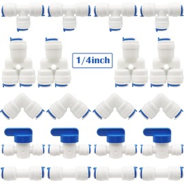 Cesfonjer Water Inlet Line Universal Connection Set, RO Water Filter Fitting, 1/4 inch (6mm) Pushfit Straight Plug for Water Pipe, Push, Pack of 20 (Y + T + I + L Type Combo + Shut Off Valve)