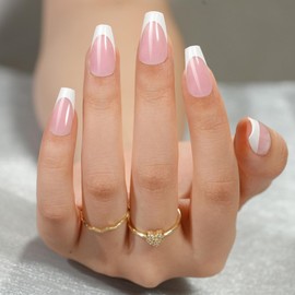 White French Tip, Jofay Fashion Press on Nails, 320Pcs Pink Short Coffin Nails, Pre-applied Tip Primer & Base Coat, Salon Fake Nails, 16 Sizes