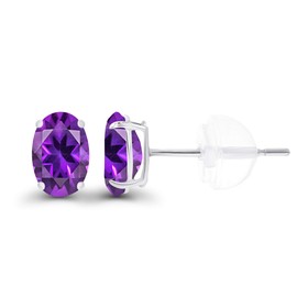 Solid 14K White Gold 6x4mm Oval Natural Purple Amethyst February Birthstone Genuine Stud Earrings For Women