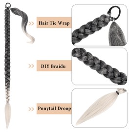 Mebeli Braided Ponytail Extension, Braid Extensions Long Braided Ponytail Extension for Black Women With Hair Tie,Straight Wrap with Braid Ponytail Extension Synthetic Hair Pieces 34 Inch T-grey. …