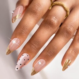 Swooflia Short Almond Press On Nails French Tip – Medium Cute Gold Nude Fake Nail Acrylic Mirror Artificial Natural Translucent Flase Fingernails, Reusable Handmade Strong Thick Manicure Finger-M