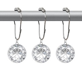 Crystal Shower Curtain Hooks Decorative Clear Bling Rings Cute Girly Glitter Luxury Elegant White Rhinestones Diamond Bathroom Accessories Rust Resistant 12 Pack (White)