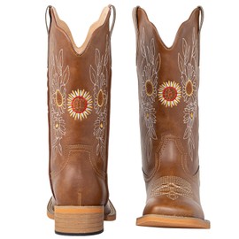 J's.o.l.e Floral Cowboy Boots for Women Square Toe Wide Calf Western Fashion Sunflower Cowgirl Boots Brown US 8