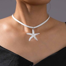 Inilbran Boho Layered Acrylic Star Necklace Vintage White Satin Choker Necklace White Starfish Pendant Necklace Adjustable Big Star Velvet Necklace Jewelry for Women