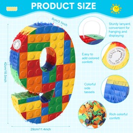 RoundFunny Number 9 Building Blocks Piñata 16.5 Inch 5th Birthday Party Supplies Party Decorations Piñata with Confetti Blocks Theme Fiesta Anniversary Celebration