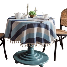 Fhberni Round Rustic Tablecloth Farmhouse Striped Cotton Linen Tablecloth with Tassel Heavy Duty Table Cover for Kitchen Dinning Tabletop Christmas Decoration (Blue, Round 60 in)