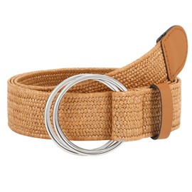 LEACOOLKEY Women Boho Straw Woven Stretch Belt for Dress Ladies Braided Straw Belt with Double O Buckle, Silver Brown, 41": Suit for waist size below 35"