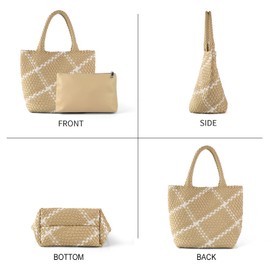 Hnycinj Vegan Leather Tote Bag For Women, Handmade Large Hobo Bag,Casual Shoulder Bag,Travel Underarm Purse Commuter Handbag (Khaki-white)