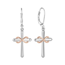 Starchenie Infinity Cross Earrings for Women 925 Sterling Silver White & Rose Gold Cross Leverback Earring Crucifix Jewelry