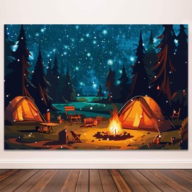8X6FT Forest Scene Camping Backdrop, Camping Photography Background for Children Adults, Happy Camping Party Banner Decorations, Campfire Tent Photo Shoot Backdrops (Polyester)
