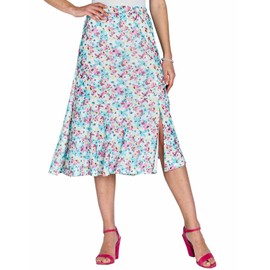 Amber Ladies Printed Mesh Lined Skirt with Split Elasticated Waist & Tiered Hem Duck Egg Blue 12