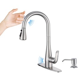 HGHGK Touch on Kitchen Faucet with Soap Dispenser and Pull Down Sprayer - Single Handle Kitchen Sink Faucet, 1 or 3 Hole Design for Modern Farmhouse Kitchens, Rv, and Bar Sinks(Brushed Nickel)