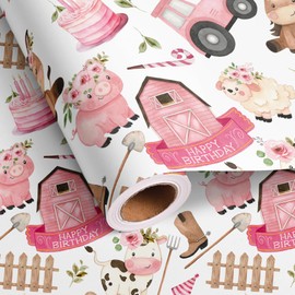 Dtiafu Cow Birthday Wrapping Paper Roll - Pink Farmhouse Animals Tractor Design Packing Gift for Kids,Girls,Women,Baby Shower,Birthday,Party Decor Favor - Total 28.5 sq.ft