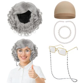 100 Days of School Costume, Old Lady Costume for Kids with Grey Old Lady Wig for 100th Day of School Dress Up