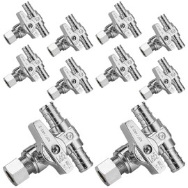 HeSun 10-PCs PEX Crimp Tee Stop Valve, 1/2" PEX x 1/2" PEX x 3/8" OD Compression Stop Valve, 1/4 Turn Shut Off Valve for Bathroom, ASTM F1807
