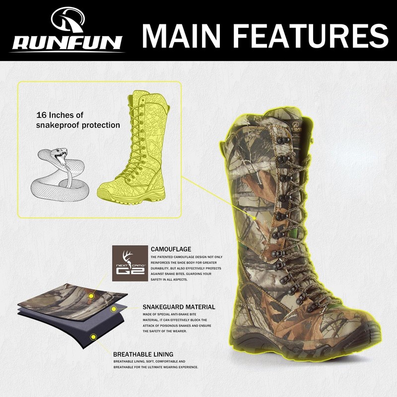R RUNFUN Men's 16" Snakeproof Hunting Boots Waterproof Side-Zip Mud